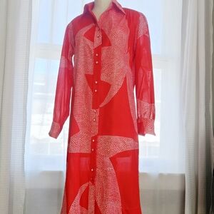 GVC 70s Lanvin Red and White Polka Dot Shirt Dress - Size Large.